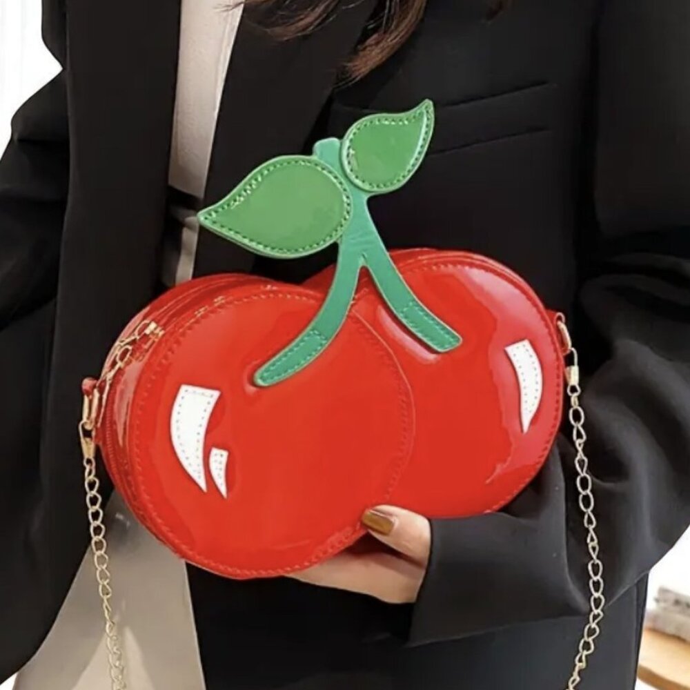 Cherry Red Mini Shoulder Bag with Green Leaf and Gold Chain Strap